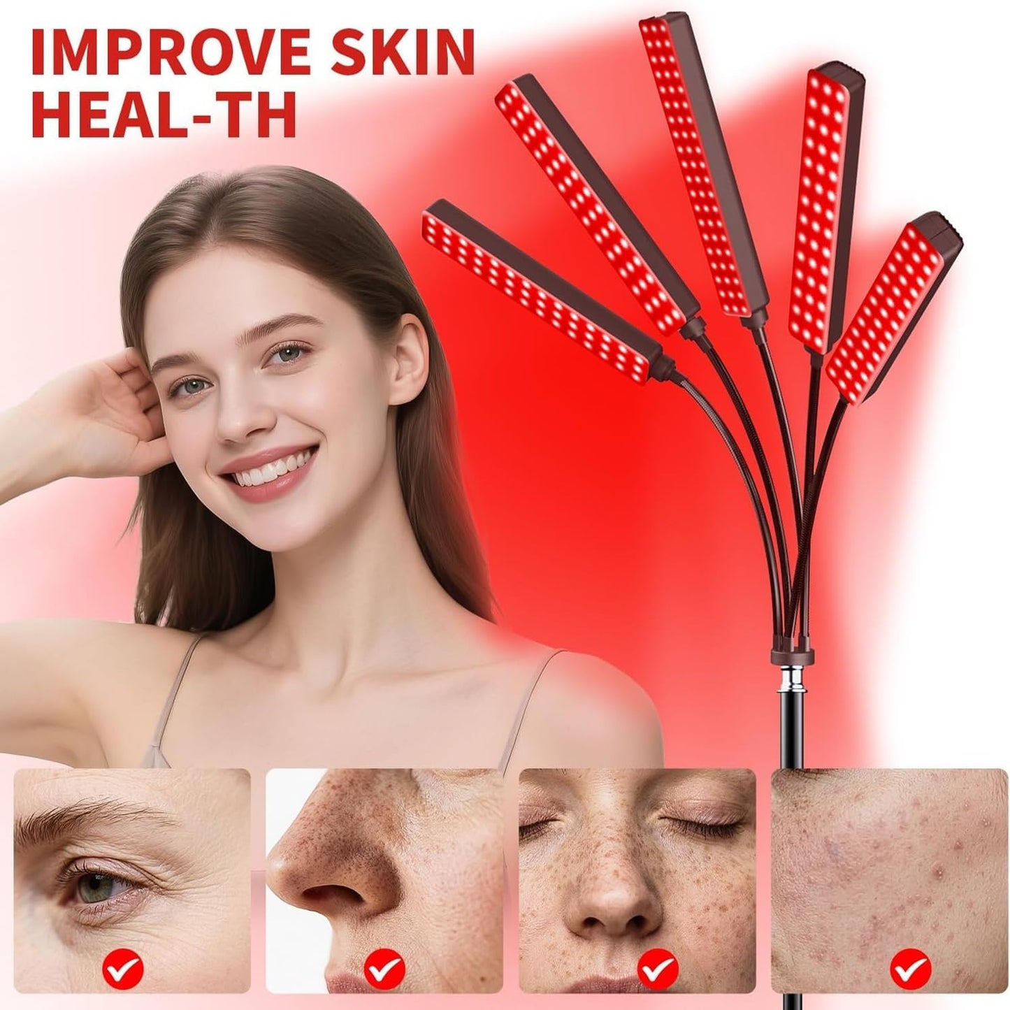 Red Light Therapy for Face Body, 5 Heads Red Infrared Light Therapy Devices with Stand, 5 Levels Adjustable Brightness 660Nm and 850Nm near Infrared Light for Full Body, Muscle Gift for Women