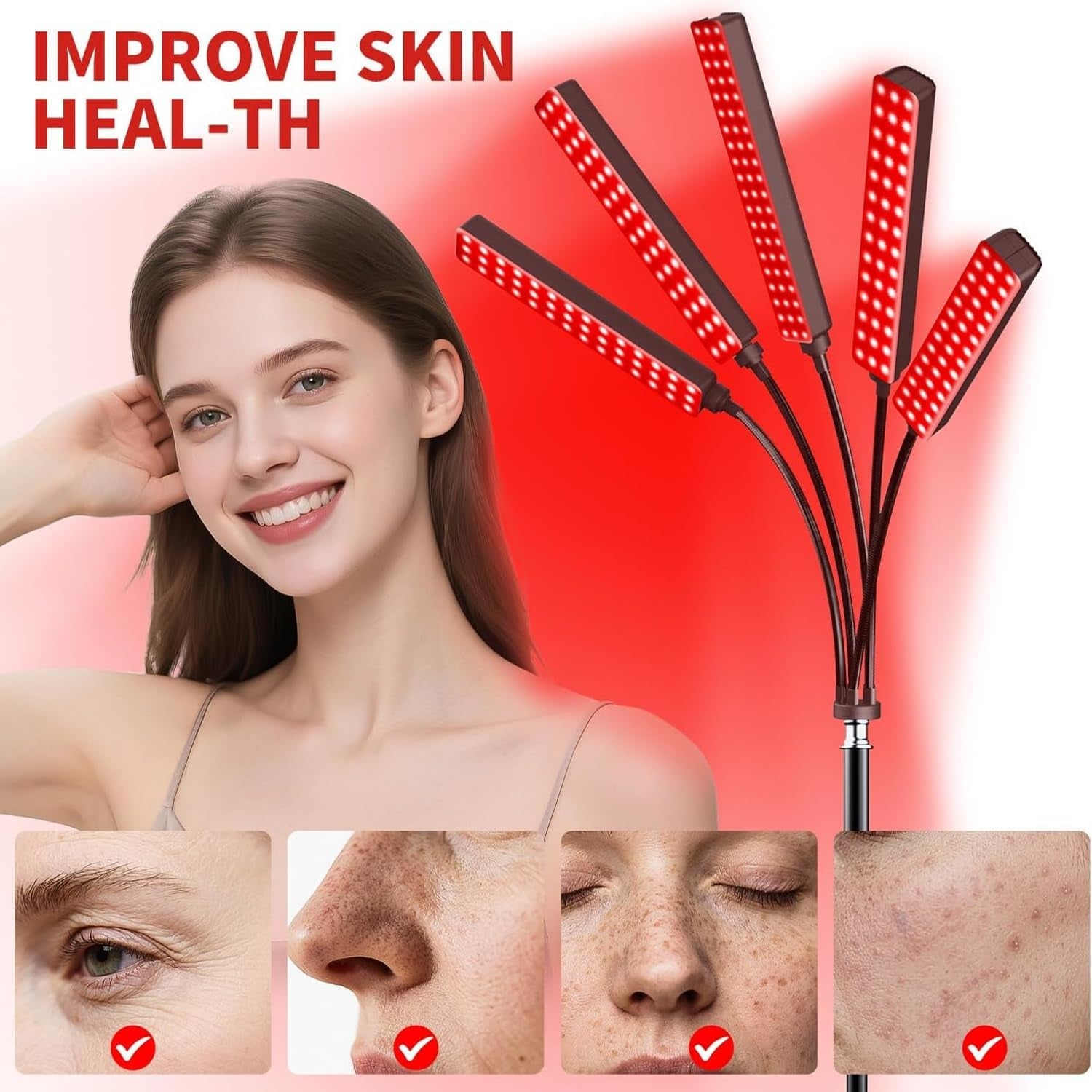 Red Light Therapy for Face Body, 5 Heads Red Infrared Light Therapy Devices with Stand, 5 Levels Adjustable Brightness 660Nm and 850Nm near Infrared Light for Full Body, Muscle Gift for Women