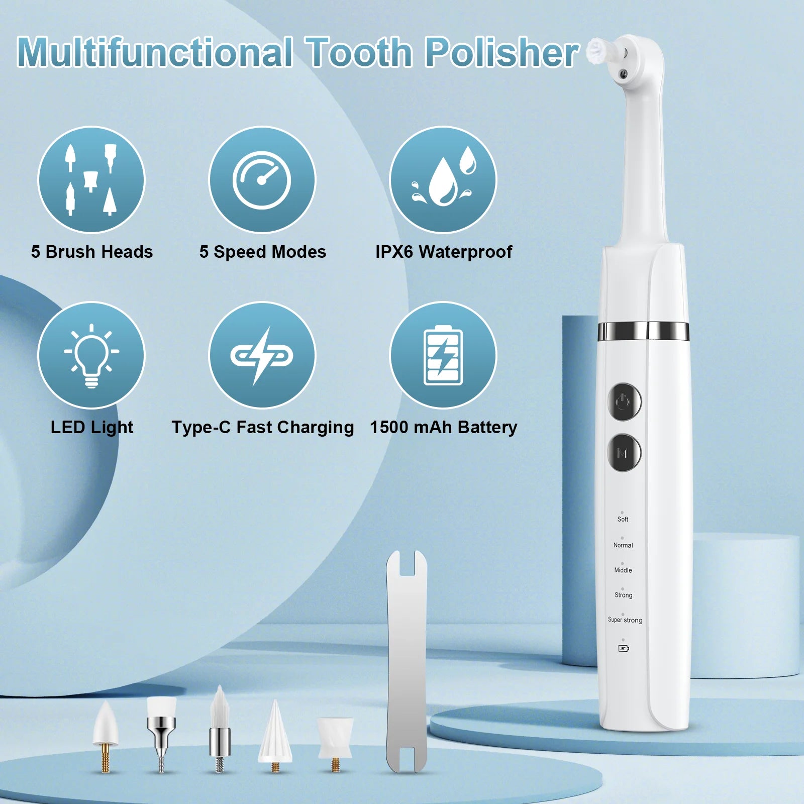 Tooth Polisher, Teeth Whitening Kit with 1500Mah Battery, Plaque Remover for Teeth with 5 Brush Heads & Speeds Modes, Ipx6 Waterproof, White