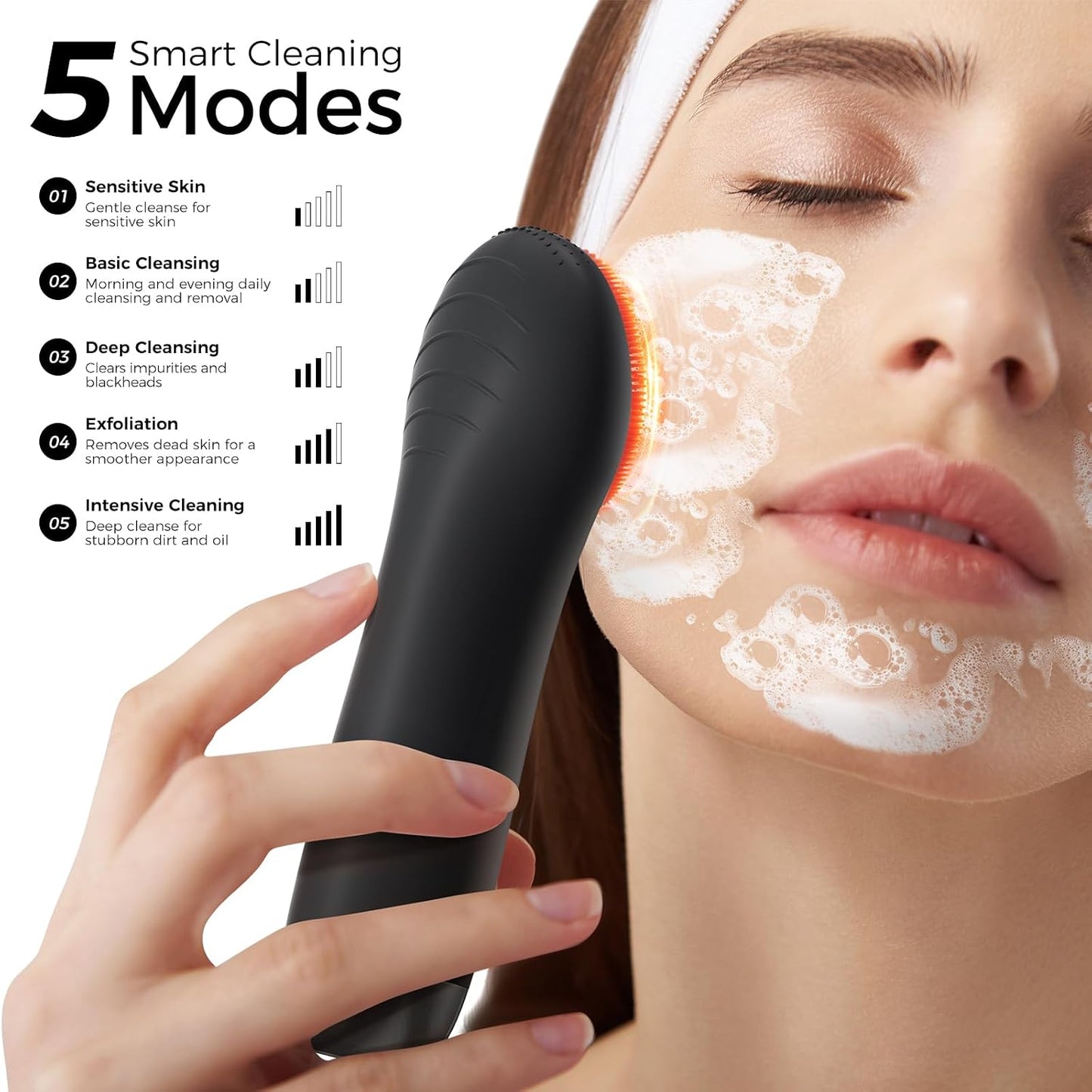Face Scrubber, Electric Facial Cleansing Brush (Black) | 4 LED Light, 5 Vibration Levels, Warming Function, Soft Silicone Exfoliation, Removes Oil Makeup Residue, Waterproof Design