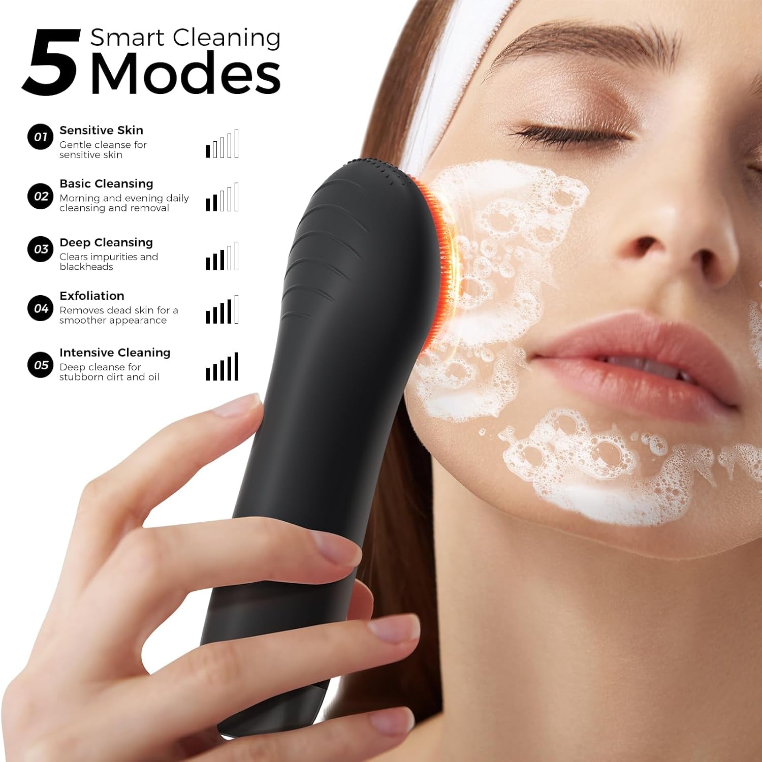 Face Scrubber, Electric Facial Cleansing Brush (Black) | 4 LED Light, 5 Vibration Levels, Warming Function, Soft Silicone Exfoliation, Removes Oil Makeup Residue, Waterproof Design