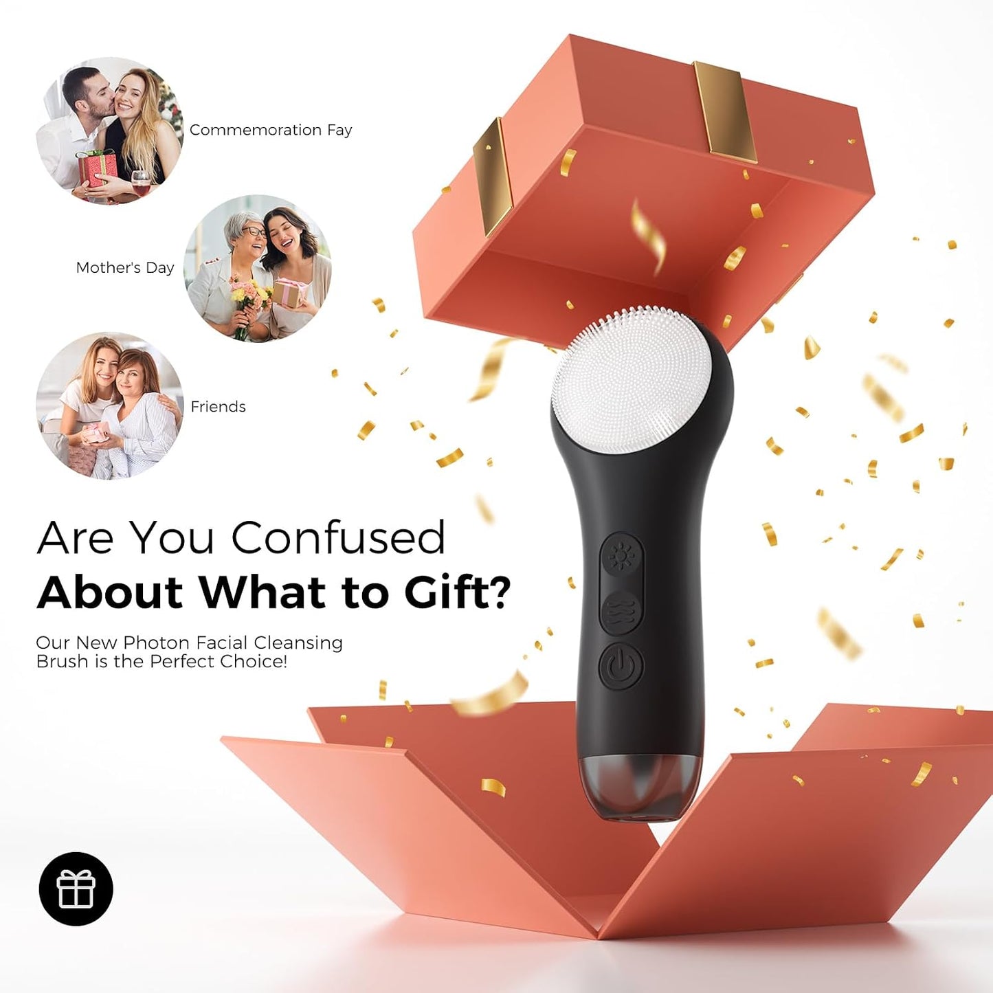 Face Scrubber, Electric Facial Cleansing Brush (Black) | 4 LED Light, 5 Vibration Levels, Warming Function, Soft Silicone Exfoliation, Removes Oil Makeup Residue, Waterproof Design