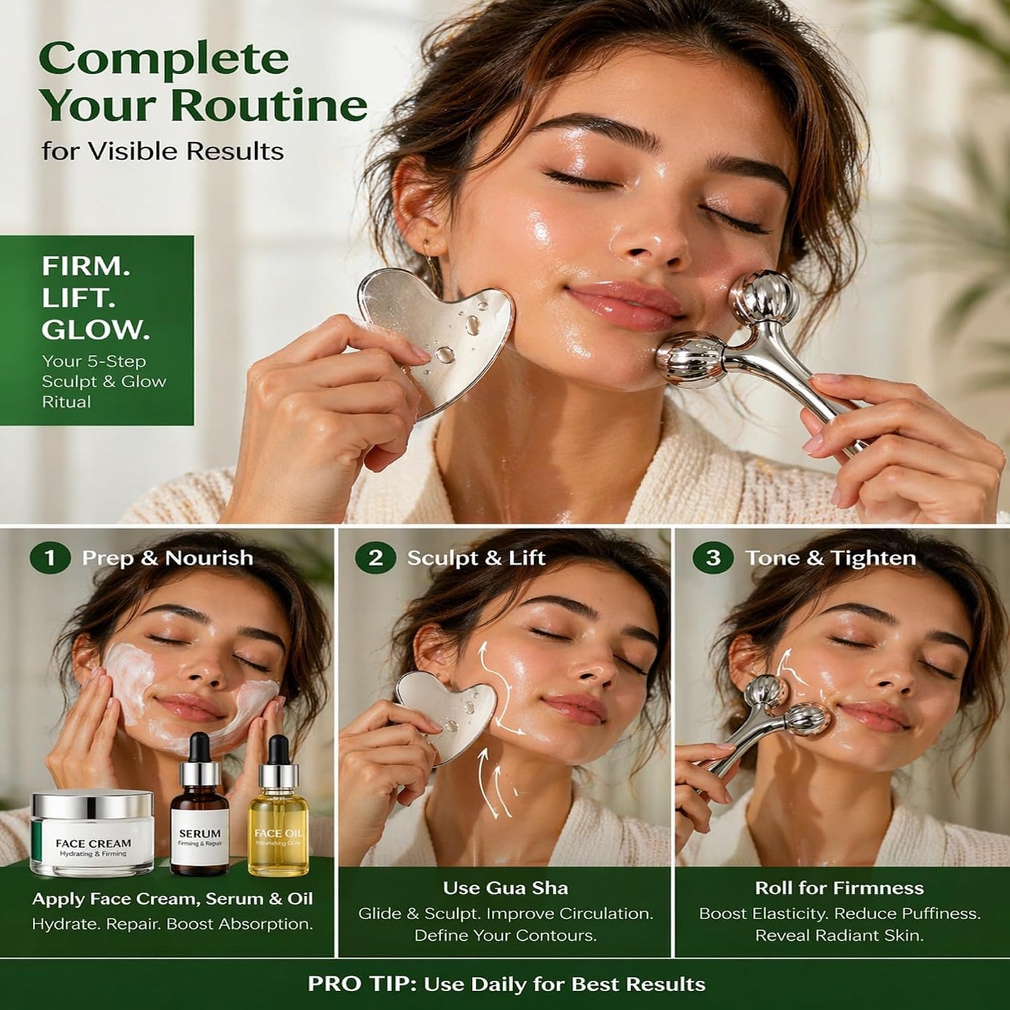 Stainless Steel 3D Face Roller Metal Facial Massager Face Sculpting Gua Sha Facial Tools for Eye Skin Care Reducing Puffiness Double Chin Reducer Facial Roller and Guasha Tool for Face Anti-Wrinkle