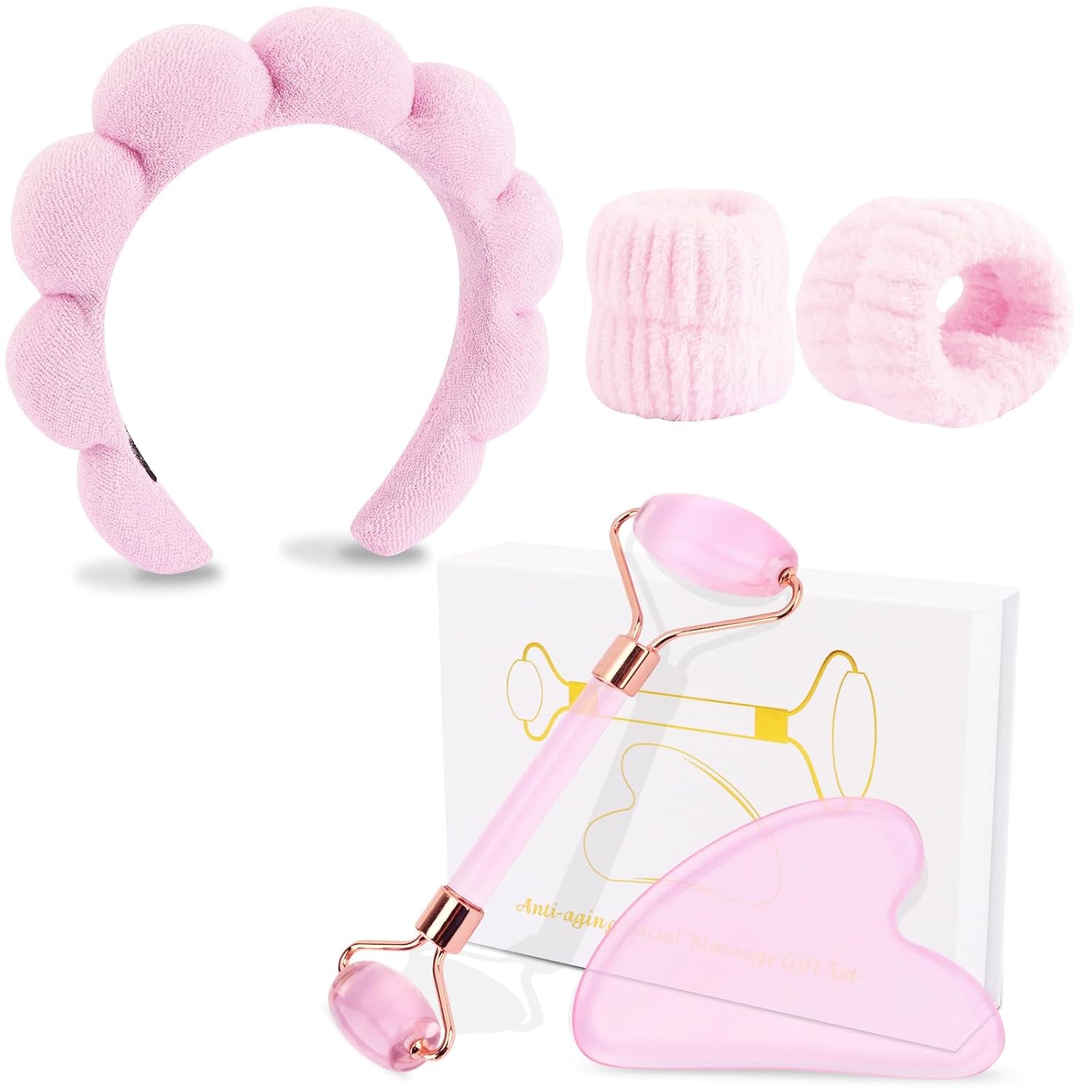 Spa Headband and Wristband Set for Women with Ice Jade Roller and Gua Sha, Skin Care Set Tools Puffy Makeup Headband Teen Girl Gifts Trendy Stuff Hair Accessories for Women