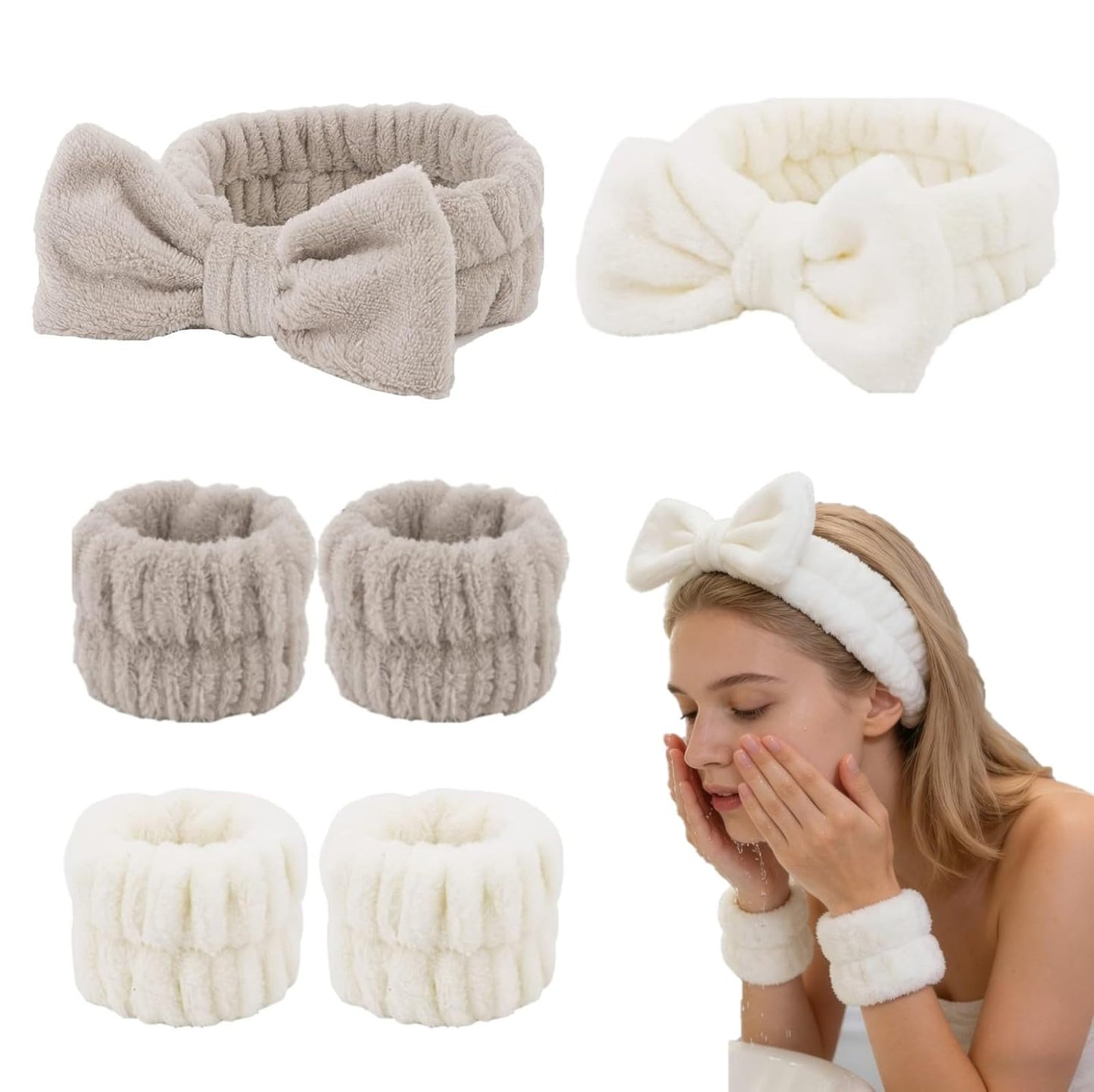 6PCS Spa Headband and Wristbands Set,Soft Microfiber Makeup Headband with Bow & Absorbent Wrist Bands,Skincare Hair Bands for Women Girls Face Washing Yoga Makeup Self-Care Gifts ﻿