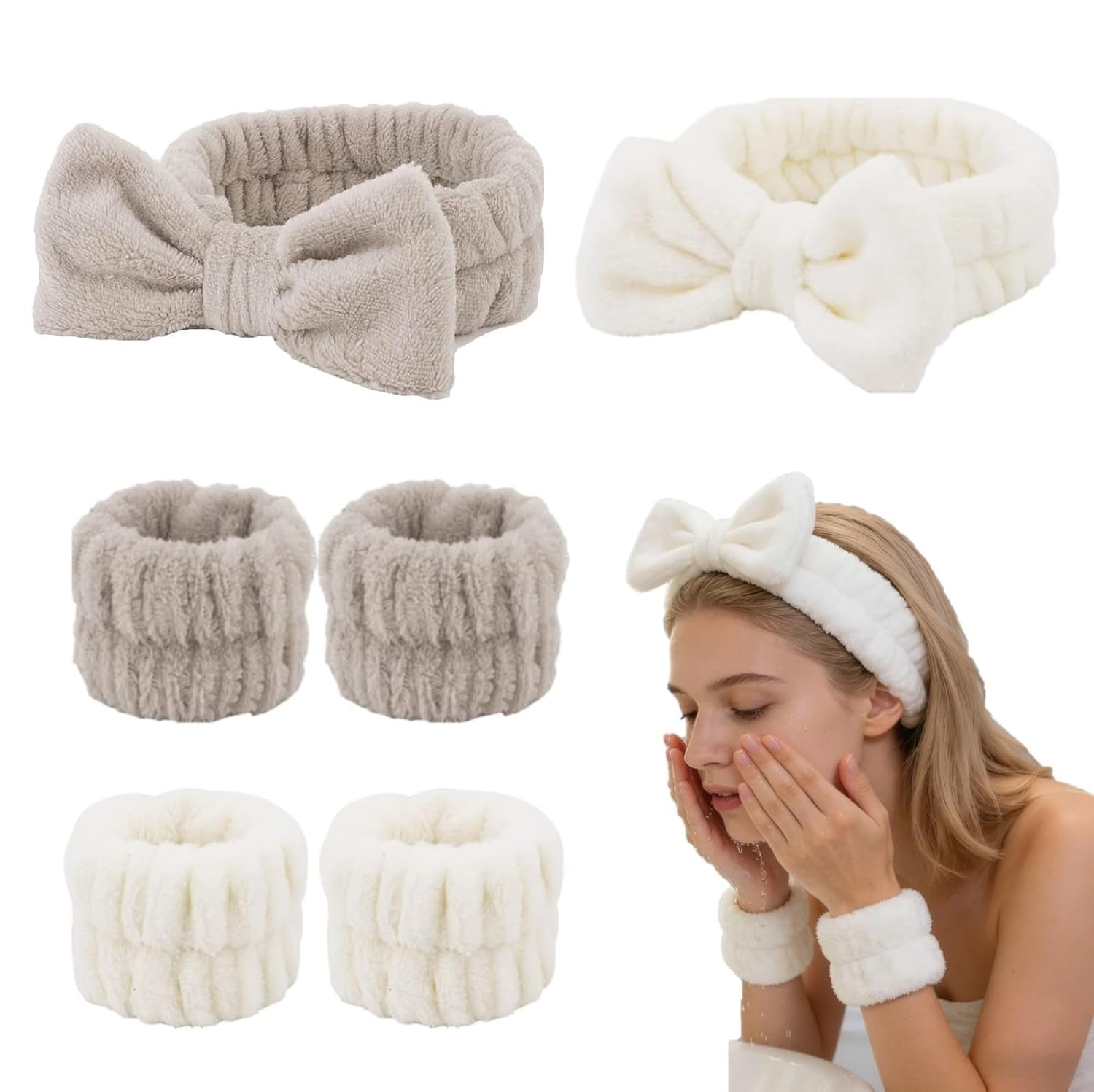 6PCS Spa Headband and Wristbands Set,Soft Microfiber Makeup Headband with Bow & Absorbent Wrist Bands,Skincare Hair Bands for Women Girls Face Washing Yoga Makeup Self-Care Gifts ﻿