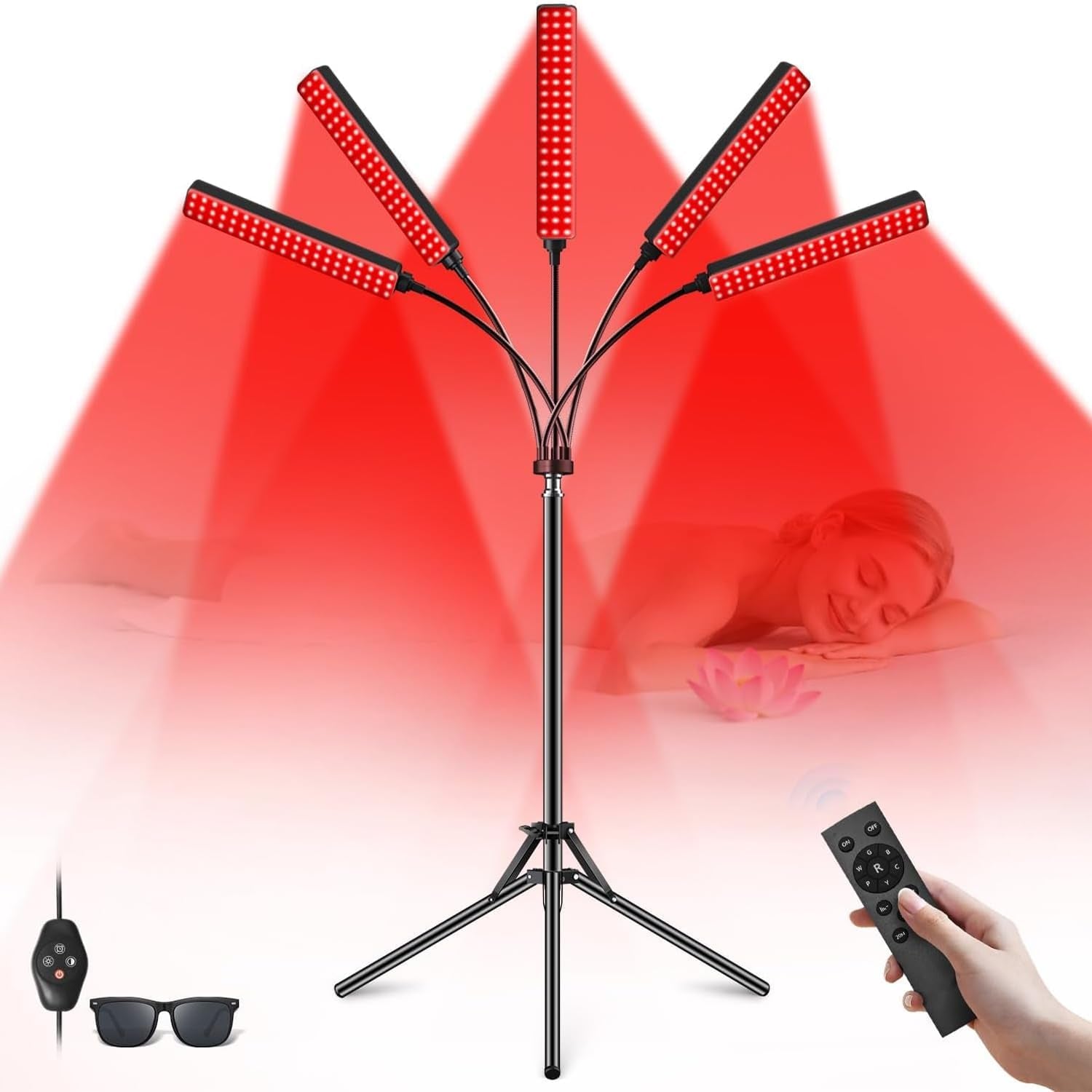 Red Light Therapy for Face Body, 5 Heads Red Infrared Light Therapy Devices with Stand, 5 Levels Adjustable Brightness 660Nm and 850Nm near Infrared Light for Full Body, Muscle Gift for Women