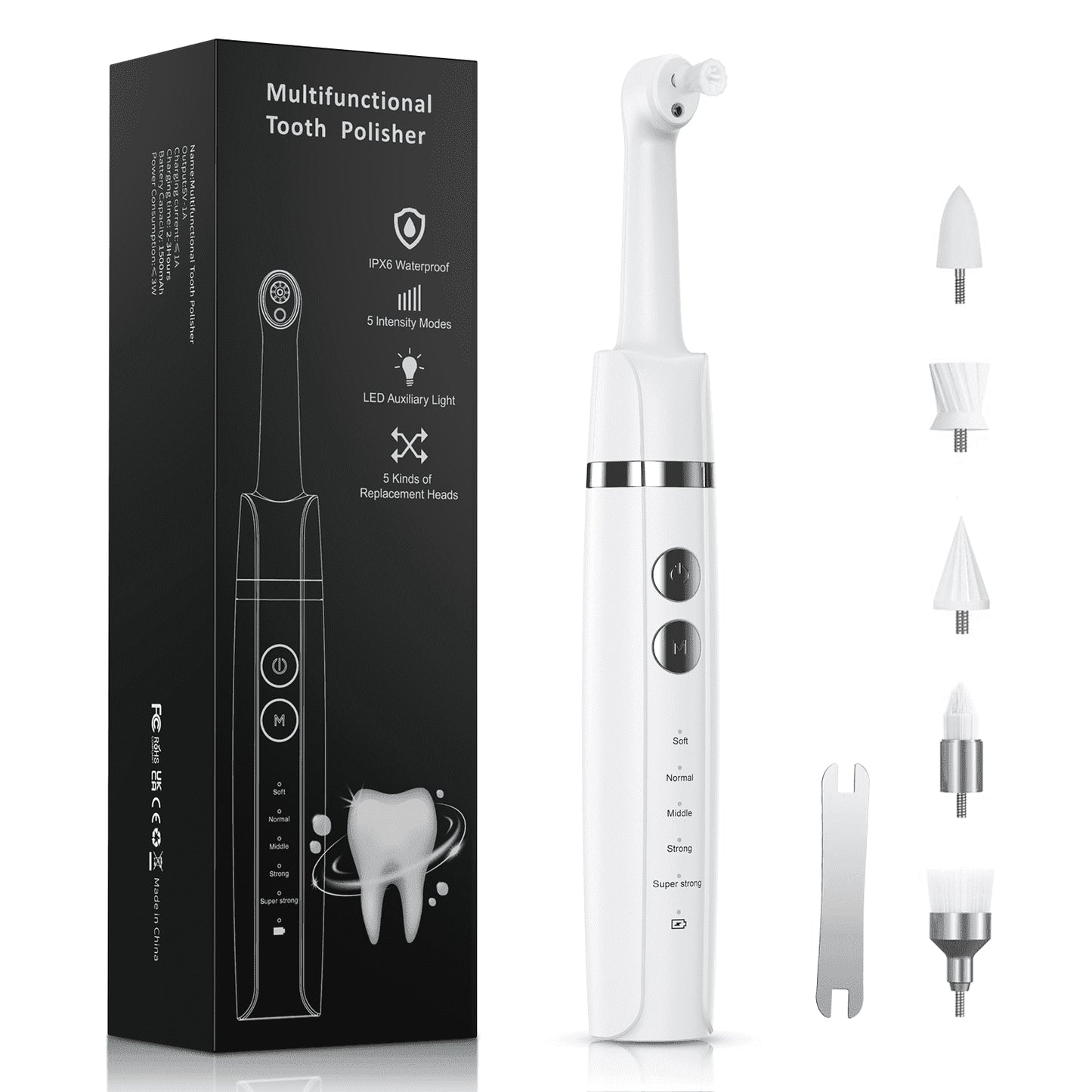 Tooth Polisher, Teeth Whitening Kit with 1500Mah Battery, Plaque Remover for Teeth with 5 Brush Heads & Speeds Modes, Ipx6 Waterproof, White