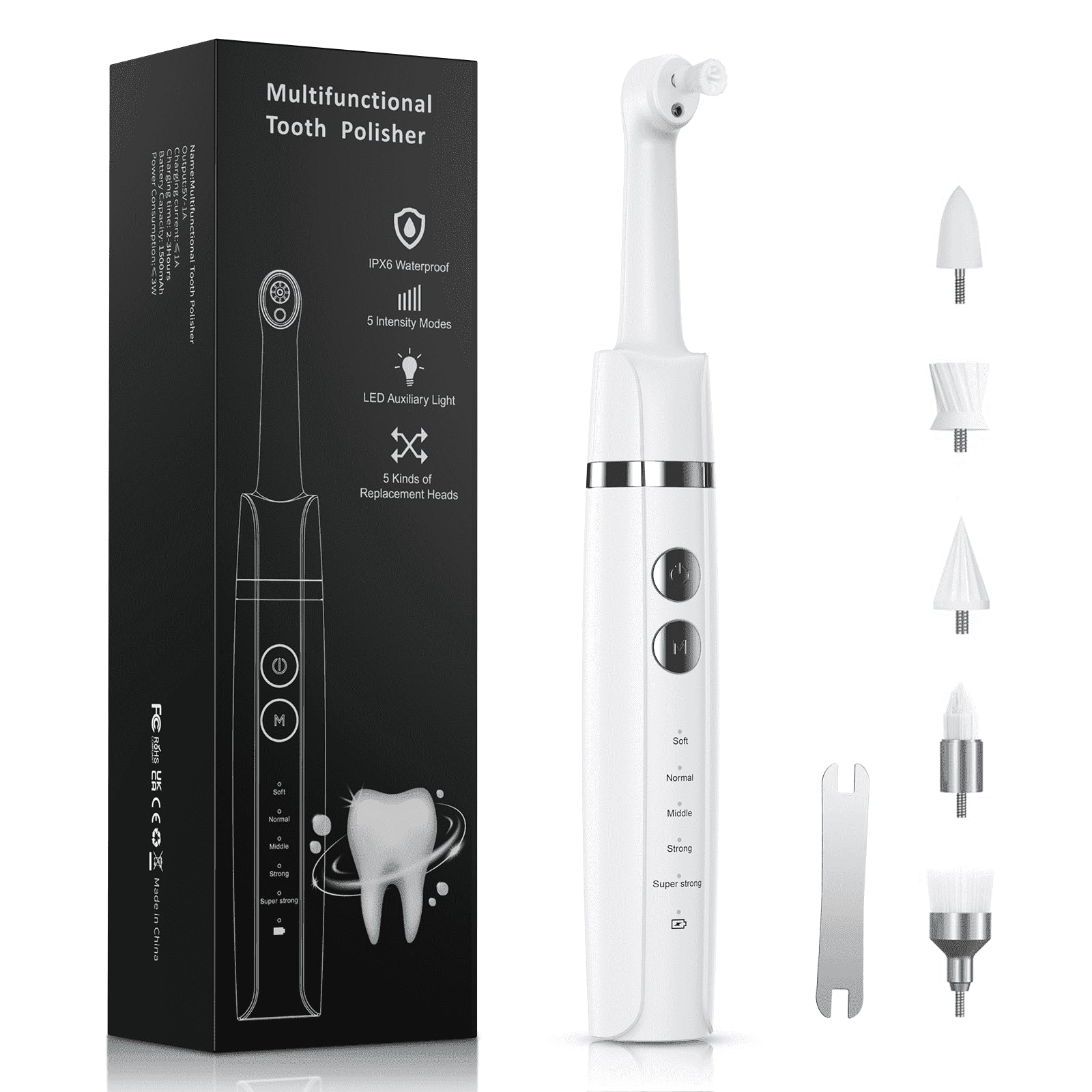 Tooth Polisher, Teeth Whitening Kit with 1500Mah Battery, Plaque Remover for Teeth with 5 Brush Heads & Speeds Modes, Ipx6 Waterproof, White