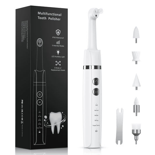 Tooth Polisher, Teeth Whitening Kit with 1500Mah Battery, Plaque Remover for Teeth with 5 Brush Heads & Speeds Modes, Ipx6 Waterproof, White