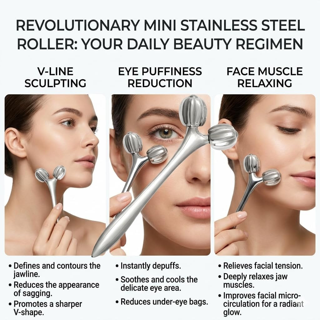 Stainless Steel 3D Face Roller Metal Facial Massager Face Sculpting Gua Sha Facial Tools for Eye Skin Care Reducing Puffiness Double Chin Reducer Facial Roller and Guasha Tool for Face Anti-Wrinkle
