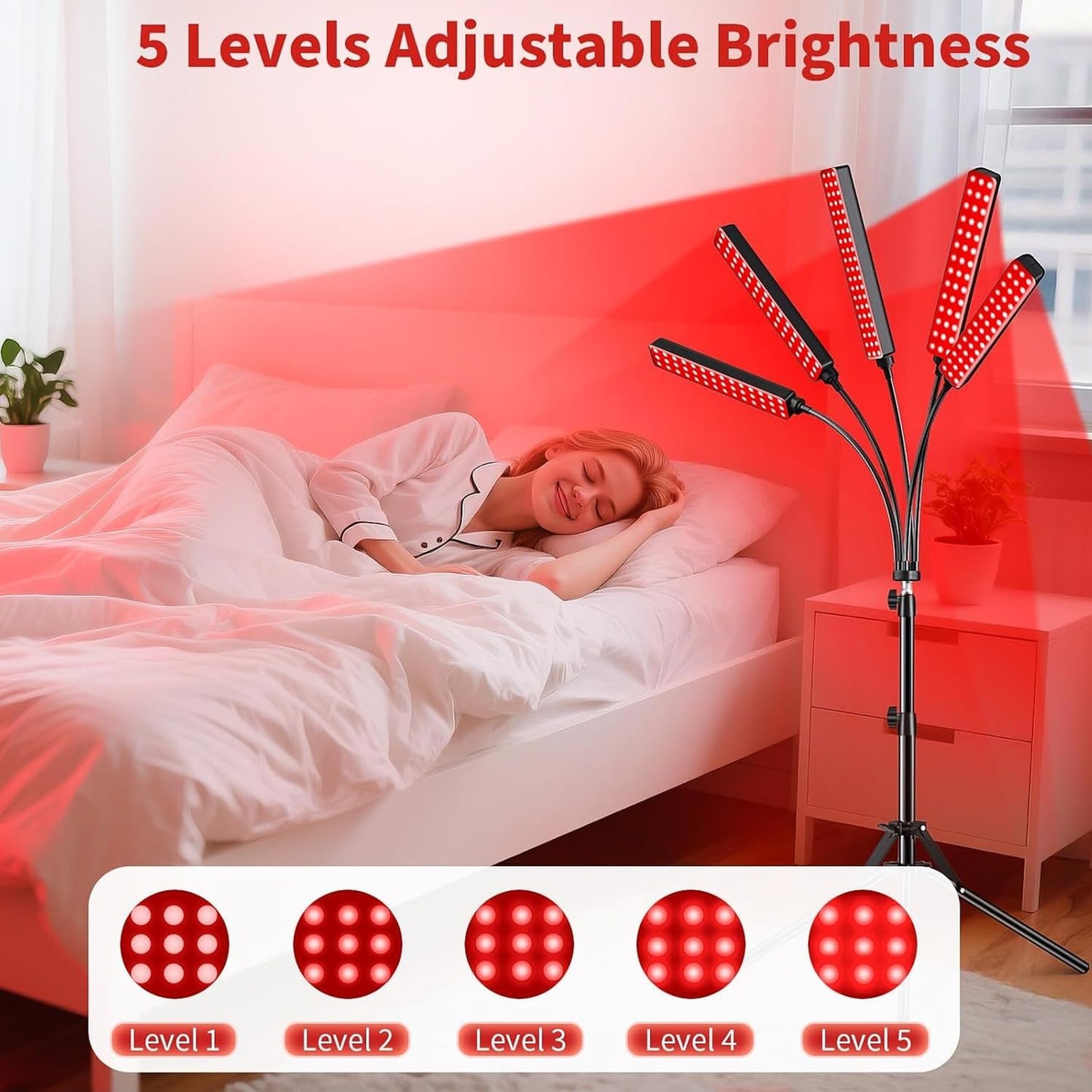 Red Light Therapy for Face Body, 5 Heads Red Infrared Light Therapy Devices with Stand, 5 Levels Adjustable Brightness 660Nm and 850Nm near Infrared Light for Full Body, Muscle Gift for Women
