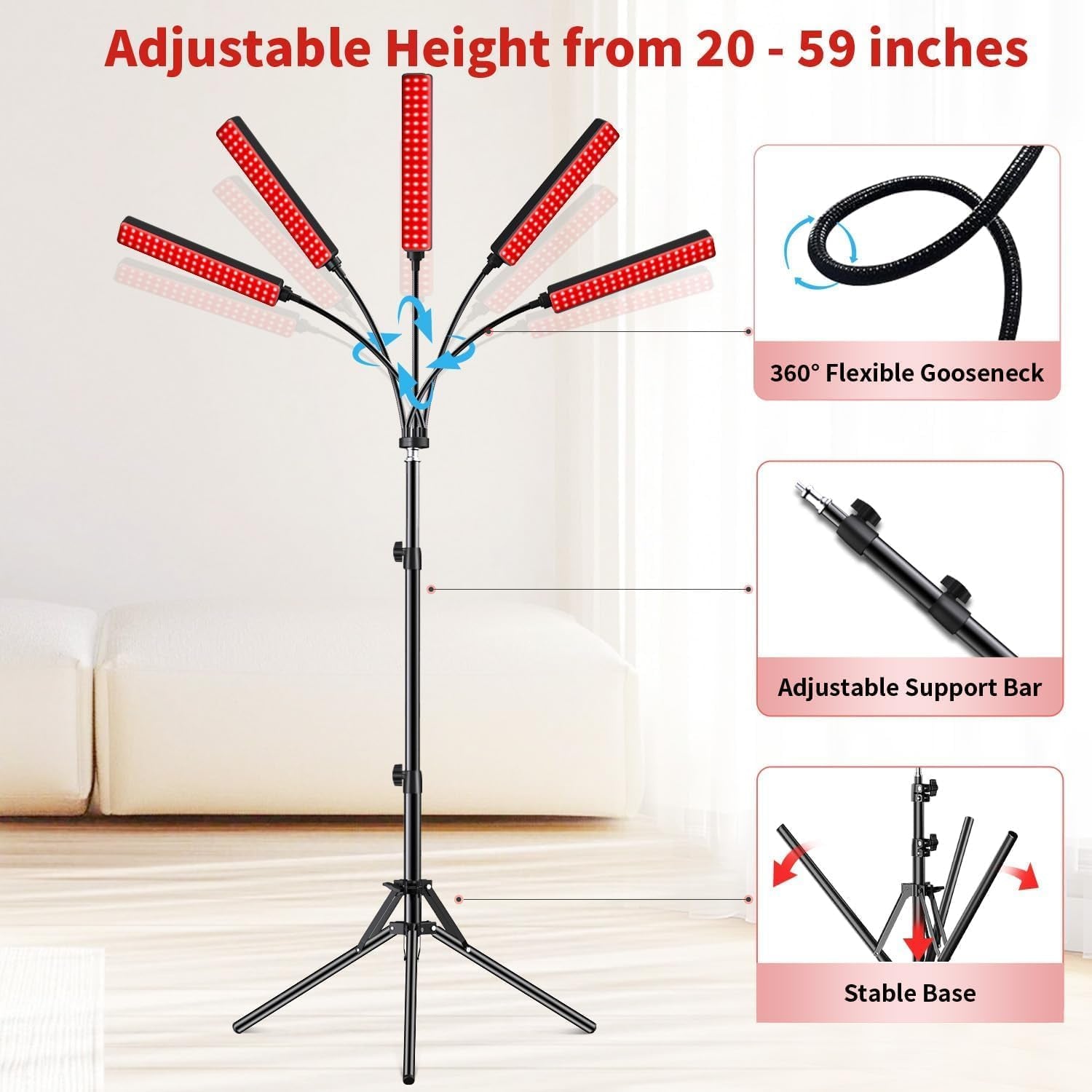 Red Light Therapy for Face Body, 5 Heads Red Infrared Light Therapy Devices with Stand, 5 Levels Adjustable Brightness 660Nm and 850Nm near Infrared Light for Full Body, Muscle Gift for Women