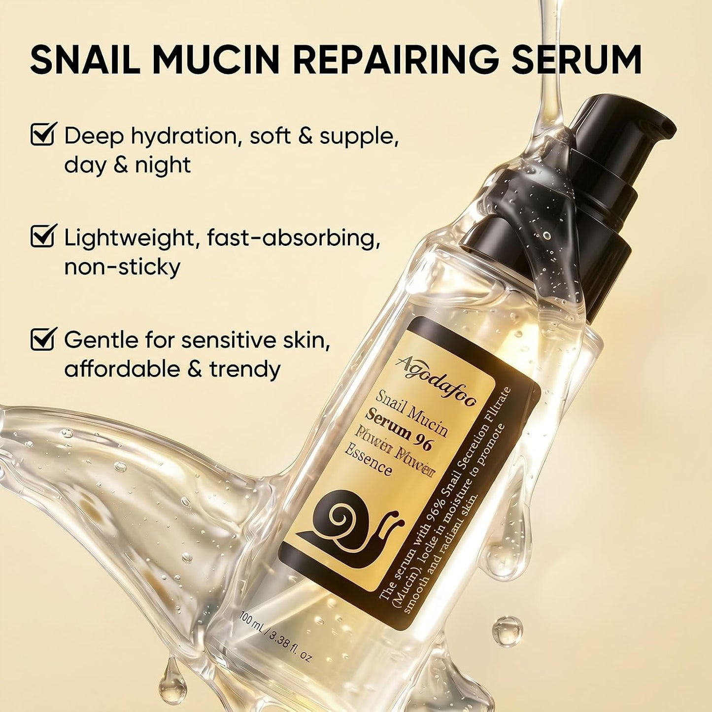 Snail Mucin Serum 100Ml, Hydrating Serum for Face with Snail Secretion | Advanced Snail 96% Mucin Power Essence for Dull Skin, Repairing Moisturizing Skin Care for Women