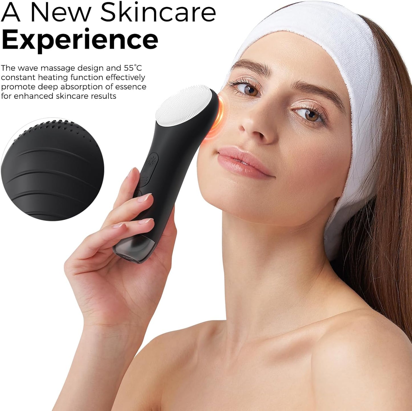 Face Scrubber, Electric Facial Cleansing Brush (Black) | 4 LED Light, 5 Vibration Levels, Warming Function, Soft Silicone Exfoliation, Removes Oil Makeup Residue, Waterproof Design
