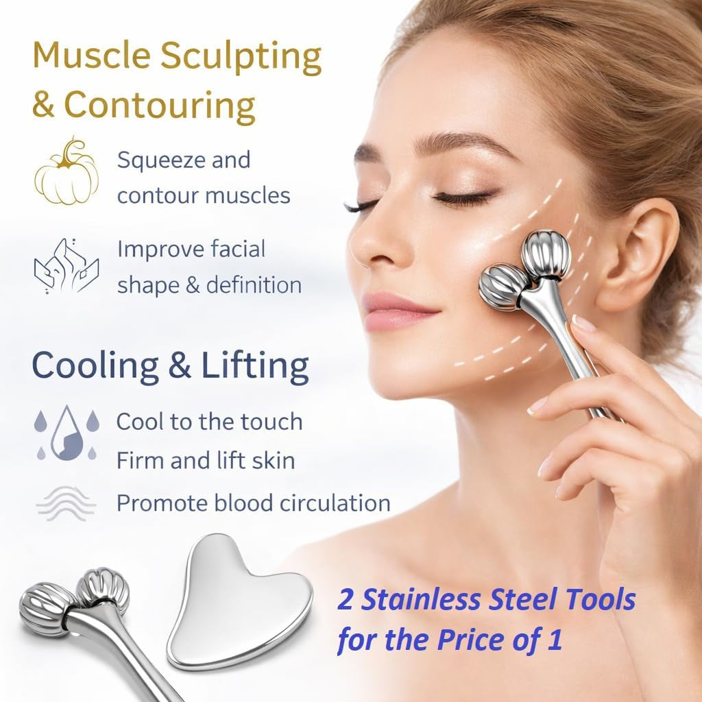 Stainless Steel 3D Face Roller Metal Facial Massager Face Sculpting Gua Sha Facial Tools for Eye Skin Care Reducing Puffiness Double Chin Reducer Facial Roller and Guasha Tool for Face Anti-Wrinkle