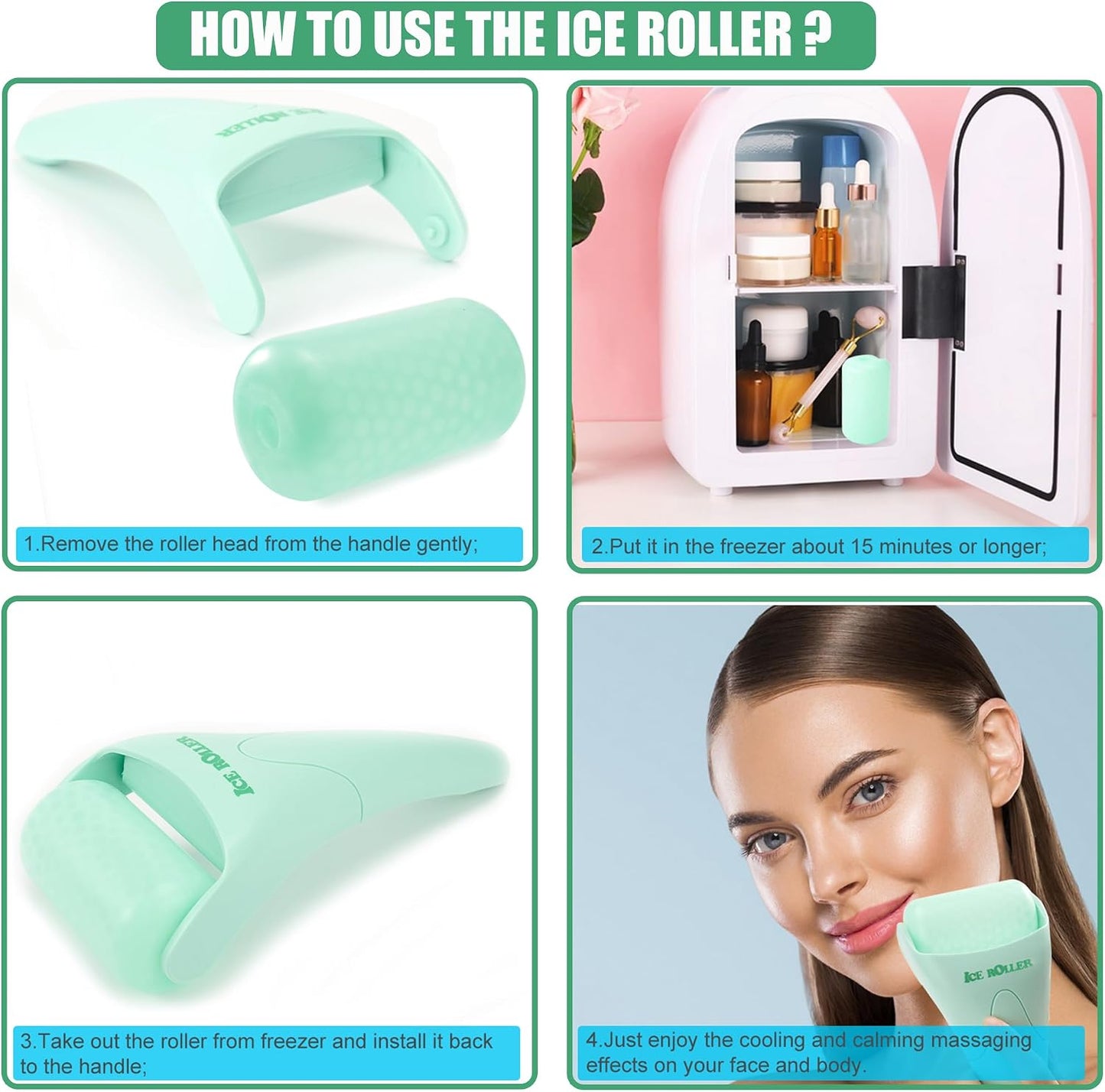 2 Pack Ice Roller for Face and Body Massage, Facial Roller Skin Care Tool for Reduce Wrinkles and Puffiness, Migraine Pain Relief and Skin Tighten, Cold Therapy for Cooling and Calming.(Pink+Green)