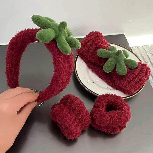 4Pcs Strawberry Spa Headband Set, Cute Skincare Hair Band & Wristband