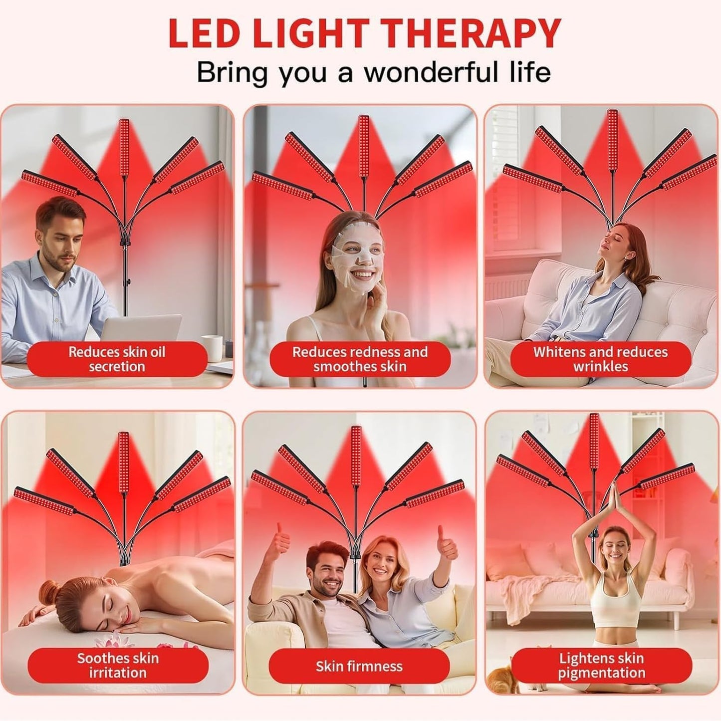 Red Light Therapy for Face Body, 5 Heads Red Infrared Light Therapy Devices with Stand, 5 Levels Adjustable Brightness 660Nm and 850Nm near Infrared Light for Full Body, Muscle Gift for Women